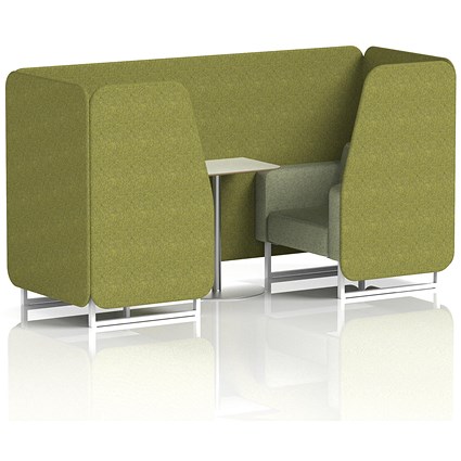 Brixworth 2 Seater Booth with Table, White Legs, White/Silver Table, Rivet Fabric, Olive Panels And Burnish Sofa