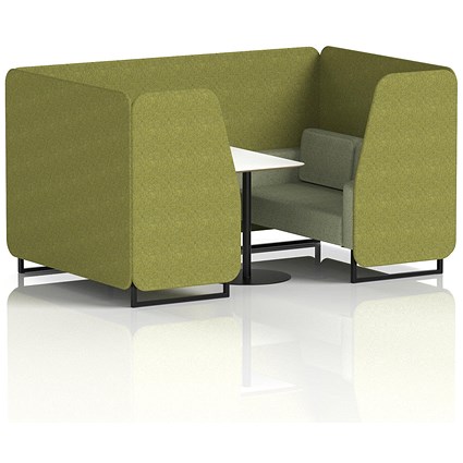 Brixworth 4 Seater Booth with Table, Black Legs, White/Black Table, Rivet Fabric, Olive Panels And Burnish Sofa
