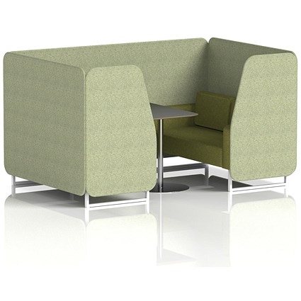 Brixworth 4 Seater Booth with Table, White Legs, Black/Silver Table, Rivet Fabric, Burnish Panels And Olive Sofa