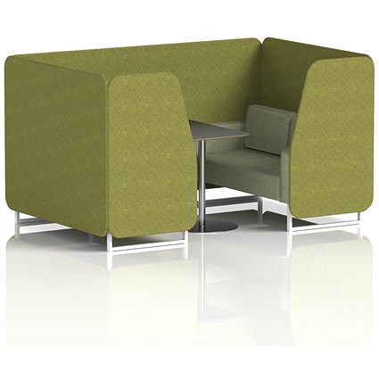 Brixworth 4 Seater Booth with Table, White Legs, Black/Silver Table, Rivet Fabric, Olive Panels And Burnish Sofa