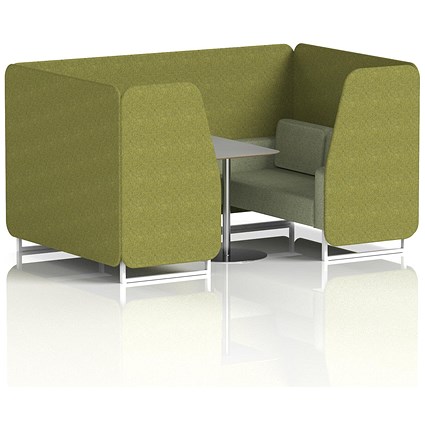 Brixworth 4 Seater Booth with Table, White Legs, Grey/Silver Table, Rivet Fabric, Olive Panels And Burnish Sofa Brixworth 4 Seater Booth with Table, White Legs, Grey/Silver Table, Rivet Fabric, Olive Panels And Burnish Sofa