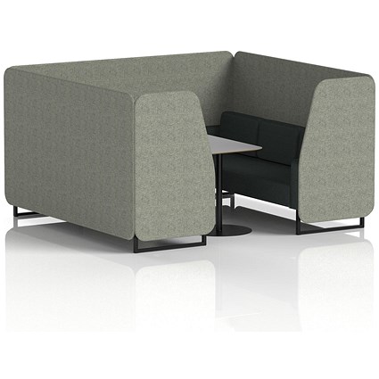 Brixworth 6 Seater Booth with Table, Black Legs, Grey/Black Table, Rivet Fabric, Vitreous Panels And Charcoal Sofa
