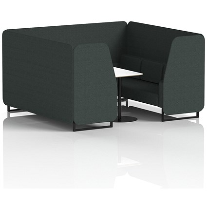 Brixworth 6 Seater Booth with Table, Black Legs, White/Black Table, Rivet Fabric, Charcoal Panels And Sofa