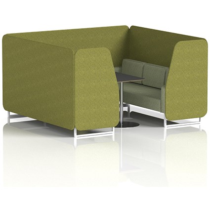 Brixworth 6 Seater Booth with Table, White Legs, Black/Silver Table, Rivet Fabric, Olive Panels And Burnish Sofa