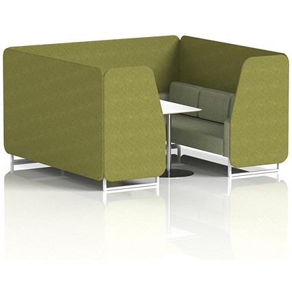 Brixworth 6 Seater Booth with Table, White Legs, White/Silver Table, Rivet Fabric, Olive Panels And Burnish Sofa