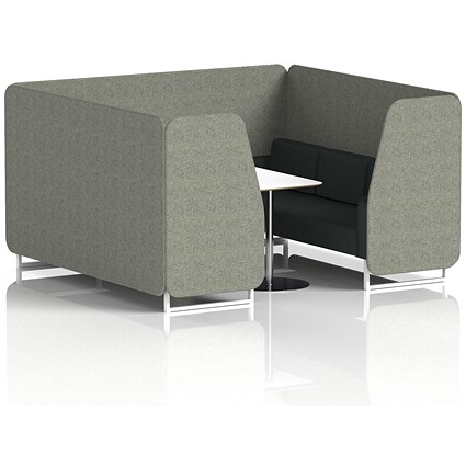 Brixworth 6 Seater Booth with Table, White Legs, White/Silver Table, Rivet Fabric, Vitreous Panels And Charcoal Sofa