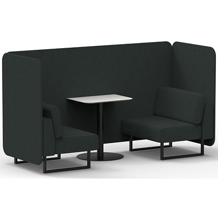 Brixworth 2 Seater Bench Booth With Table, Black Legs, White Table With Black Leg, Rivet Fabric, Charcoal Panels And Sofa