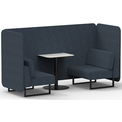 Brixworth 2 Seater Bench Booth With Table, Black Legs, White Table With Black Leg, Rivet Fabric, Crucible Panels And Sofa