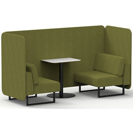 Brixworth 2 Seater Bench Booth With Table, Black Legs, White Table With Black Leg, Rivet Fabric, Olive Panels And Sofa