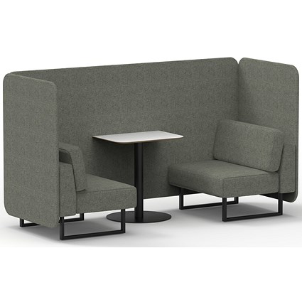 Brixworth 2 Seater Bench Booth With Table, Black Legs, White Table With Black Leg, Rivet Fabric, Vitreous Panels And Sofa