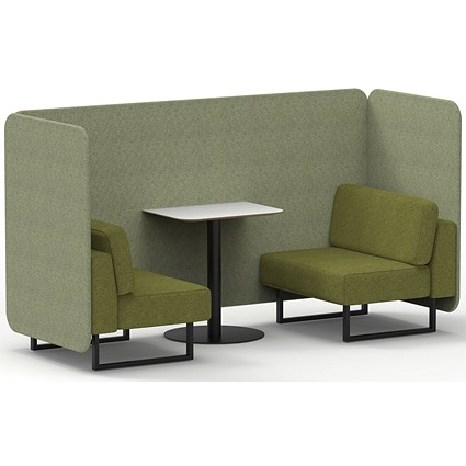 Brixworth 2 Seater Bench Booth With Table, Black Legs, White Table With Black Leg, Rivet Fabric, Burnish Panels And Olive Sofa