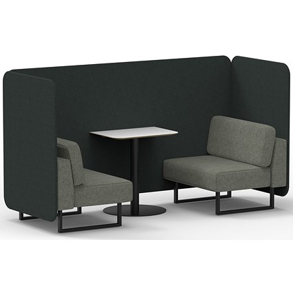 Brixworth 2 Seater Bench Booth With Table, Black Legs, White Table With Black Leg, Rivet Fabric, Charcoal Panels And Vitreous Sofa