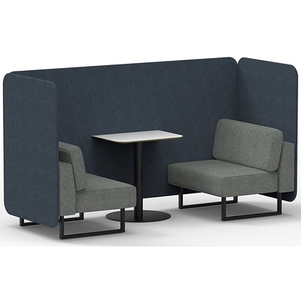 Brixworth 2 Seater Bench Booth With Table, Black Legs, White Table With Black Leg, Rivet Fabric, Crucible Panels And Prime Sofa
