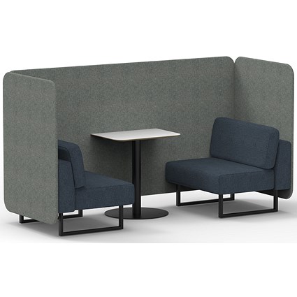 Brixworth 2 Seater Bench Booth With Table, Black Legs, White Table With Black Leg, Rivet Fabric, Prime Panels And Crucible Sofa
