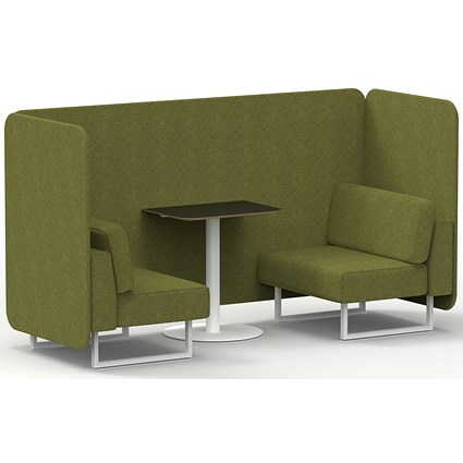 Brixworth 2 Seater Bench Booth With Table, White Legs, Black Table With White Leg, Rivet Fabric, Olive Panels And Sofa