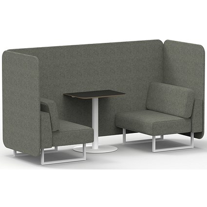 Brixworth 2 Seater Bench Booth With Table, White Legs, Black Table With White Leg, Rivet Fabric, Vitreous Panels And Sofa