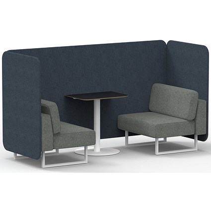 Brixworth 2 Seater Bench Booth With Table, White Legs, Black Table With White Leg, Rivet Fabric, Crucible Panels And Prime Sofa