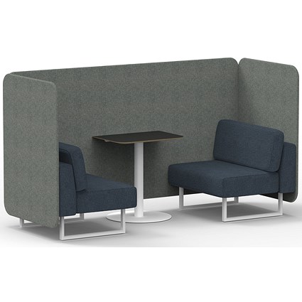 Brixworth 2 Seater Bench Booth With Table, White Legs, Black Table With White Leg, Rivet Fabric, Prime Panels And Crucible Sofa