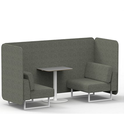 Brixworth 2 Seater Bench Booth With Table, White Legs, Grey Table With White Leg, Rivet Fabric, Vitreous Panels And Sofa
