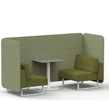 Brixworth 2 Seater Bench Booth With Table, White Legs, Grey Table With White Leg, Rivet Fabric, Burnish Panels And Olive Sofa