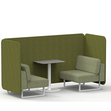 Brixworth 2 Seater Bench Booth With Table, White Legs, Grey Table With White Leg, Rivet Fabric, Olive Panels And Burnish Sofa