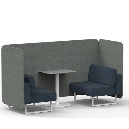 Brixworth 2 Seater Bench Booth With Table, White Legs, Grey Table With White Leg, Rivet Fabric, Vitreous Panels And Charcoal Sofa