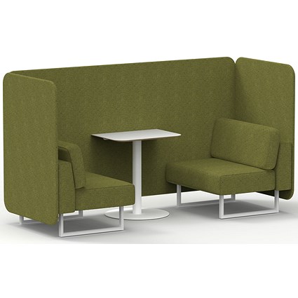 Brixworth 2 Seater Bench Booth With Table, White Legs, White Table, Rivet Fabric, Olive Panels And Sofa