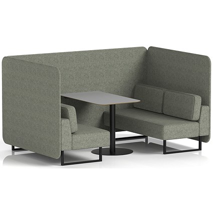 Brixworth 4 Seater Bench Booth With Table, Black Legs, Grey Table With Black Leg, Rivet Fabric, Vitreous Panels And Sofa