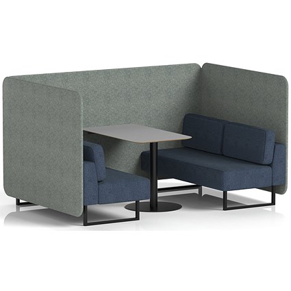 Brixworth 4 Seater Bench Booth With Table, Black Legs, Grey Table With Black Leg, Rivet Fabric, Vitreous Panels And Charcoal Sofa