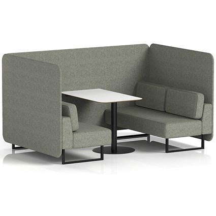 Brixworth 4 Seater Bench Booth With Table, Black Legs, White Table With Black Leg, Rivet Fabric, Vitreous Panels And Sofa