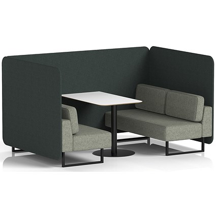Brixworth 4 Seater Bench Booth With Table, Black Legs, White Table With Black Leg, Rivet Fabric, Charcoal Panels And Vitreous Sofa
