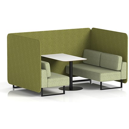 Brixworth 4 Seater Bench Booth With Table, Black Legs, White Table With Black Leg, Rivet Fabric, Olive Panels And Burnish Sofa