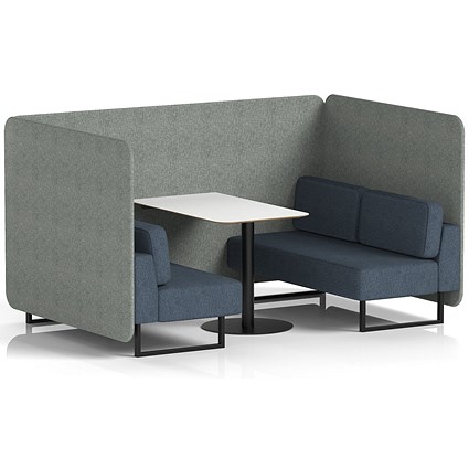 Brixworth 4 Seater Bench Booth With Table, Black Legs, White Table With Black Leg, Rivet Fabric, Prime Panels And Crucible Sofa