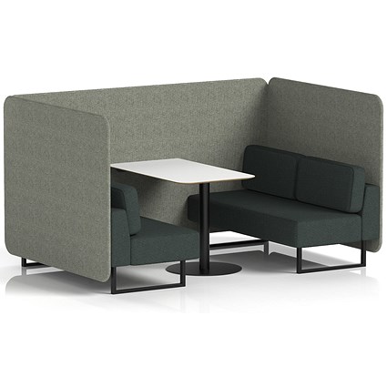 Brixworth 4 Seater Bench Booth With Table, Black Legs, White Table With Black Leg, Rivet Fabric, Vitreous Panels And Charcoal Sofa