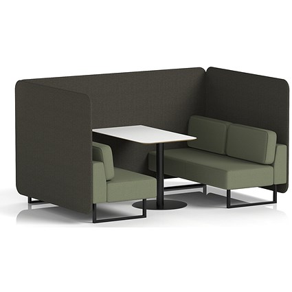 Brixworth 4 Seater Bench Booth With Table, Black Legs, White Table With Black Leg, Main Line Flax Fabric, Temple Panels And Monument Sofa