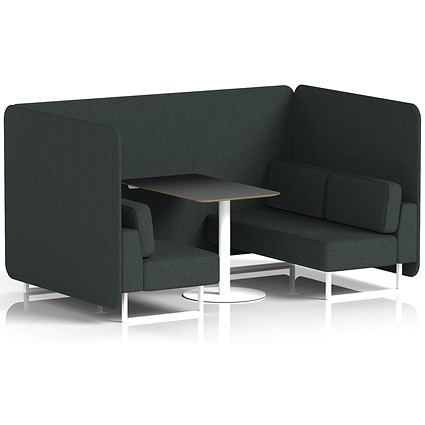 Brixworth 4 Seater Bench Booth With Table. White Legs, Black Table With White Leg, Rivet Fabric, Charcoal Panels And Sofa