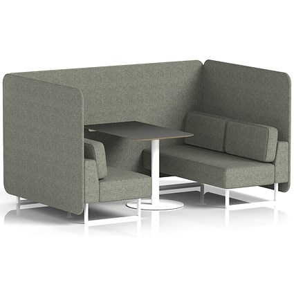 Brixworth 4 Seater Bench Booth With Table. White Legs, Black Table With White Leg, Rivet Fabric, Vitreous Panels And Sofa