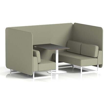 Brixworth 4 Seater Bench Booth With Table. White Legs, Black Table With White Leg, Main Line Flax Fabric, Newbury Panels And Sofa