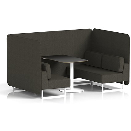 Brixworth 4 Seater Bench Booth With Table. White Legs, Black Table With White Leg, Main Line Flax Fabric, Temple Panels And Sofa