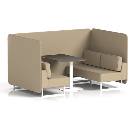 Brixworth 4 Seater Bench Booth With Table. White Legs, Black Table With White Leg, Main Line Flax Fabric, Upminster Panels And Sofa