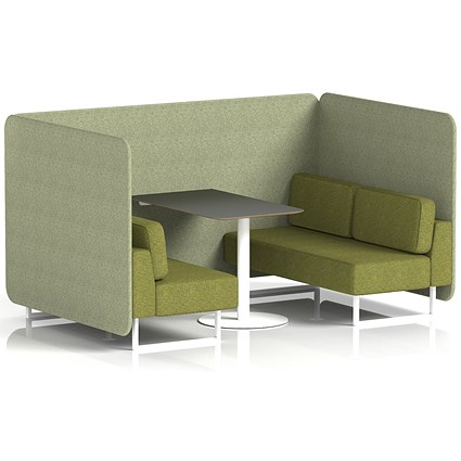 Brixworth 4 Seater Bench Booth With Table. White Legs, Black Table With White Leg, Rivet Fabric, Burnish Panels And Olive Sofa