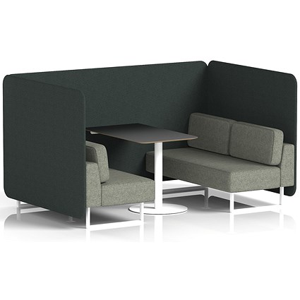Brixworth 4 Seater Bench Booth With Table. White Legs, Black Table With White Leg, Rivet Fabric, Charcoal Panels And Vitreous Sofa