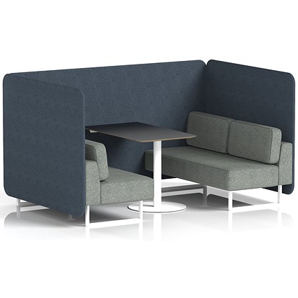Brixworth 4 Seater Bench Booth With Table. White Legs, Black Table With White Leg, Rivet Fabric, Crucible Panels And Prime Sofa