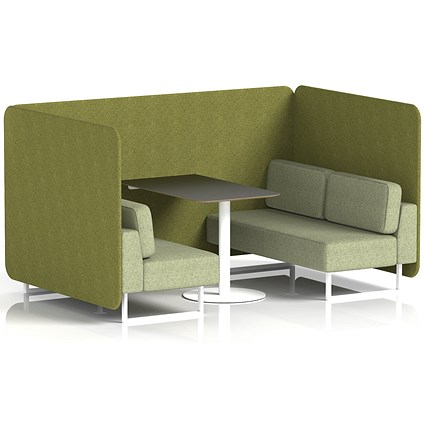 Brixworth 4 Seater Bench Booth With Table. White Legs, Black Table With White Leg, Rivet Fabric, Olive Panels And Burnish Sofa