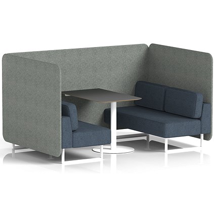 Brixworth 4 Seater Bench Booth With Table. White Legs, Black Table With White Leg, Rivet Fabric, Prime Panels And Crucible Sofa