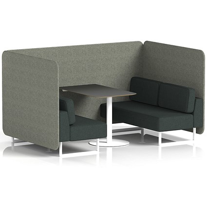 Brixworth 4 Seater Bench Booth With Table. White Legs, Black Table With White Leg, Rivet Fabric, Vitreous Panels And Charcoal Sofa