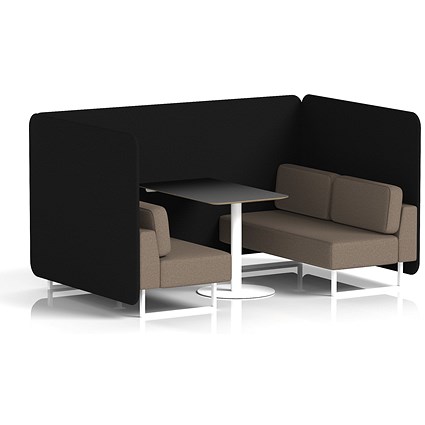Brixworth 4 Seater Bench Booth With Table. White Legs, Black Table With White Leg, X2 Fabric, Diameter Panels And Theory Sofa