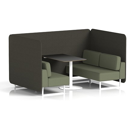 Brixworth 4 Seater Bench Booth With Table. White Legs, Black Table With White Leg, Main Line Flax Fabric, Temple Panels And Monument Sofa