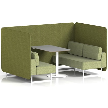 Brixworth 4 Seater Bench Booth With Table, White Legs, Grey Table With White Leg, Rivet Fabric, Olive Panels And Burnish Sofa
