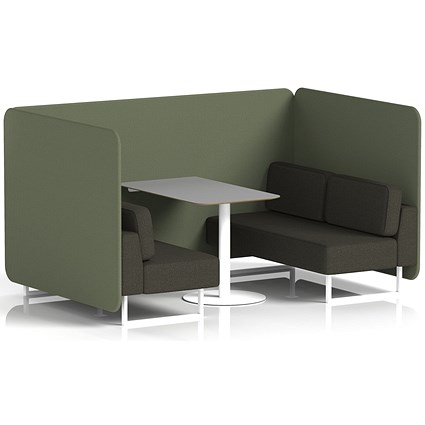 Brixworth 4 Seater Bench Booth With Table, White Legs, Grey Table With White Leg, Main Line Flax Fabric, Monument Panels And Temple Sofa